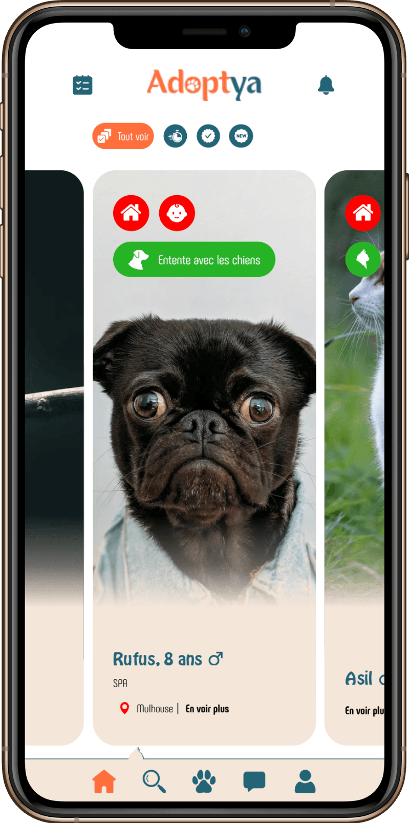Page d'accueil sur l'application Adoptya