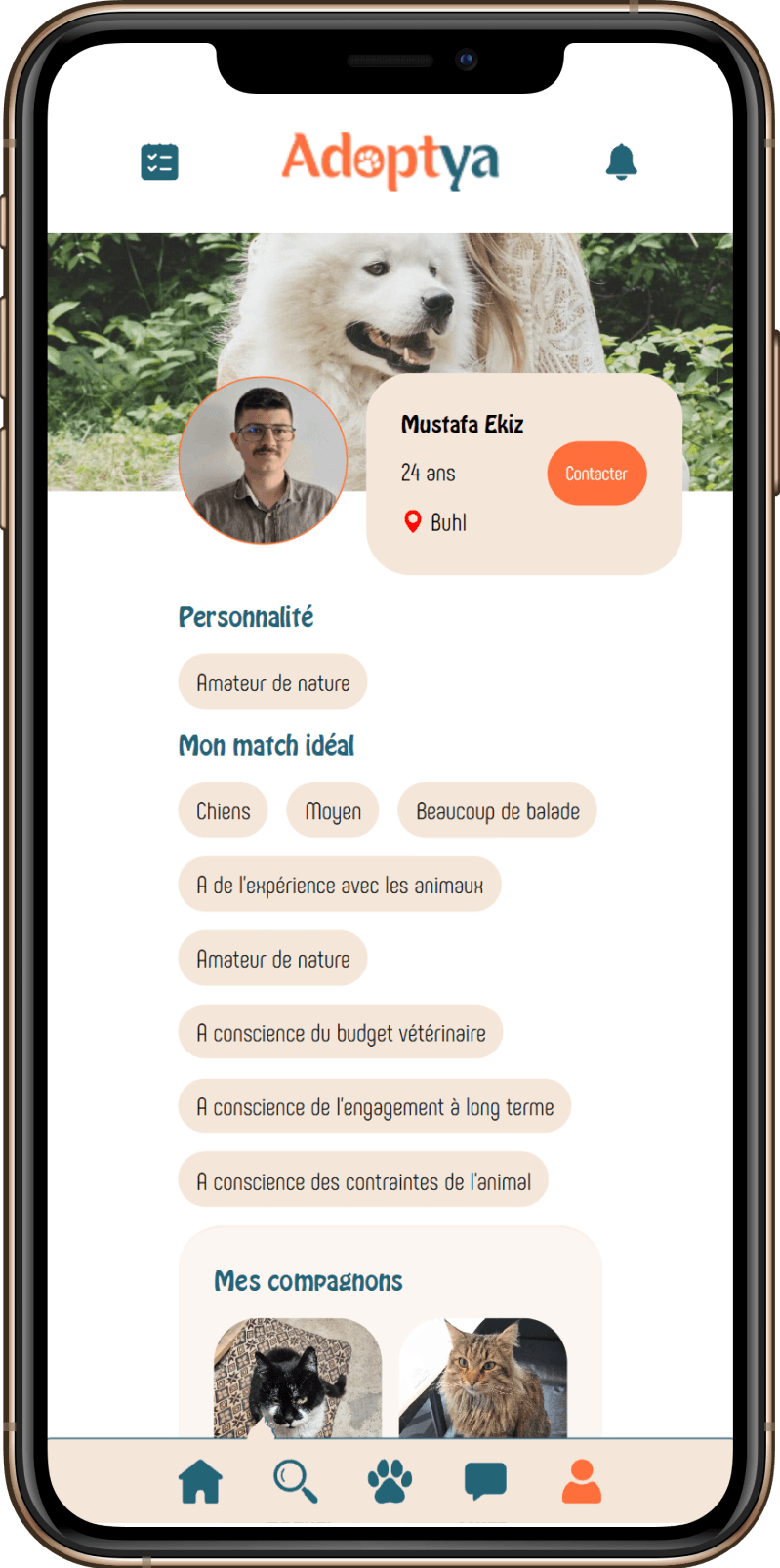 Exemple de fiche de pet parent sur l'application Adoptya