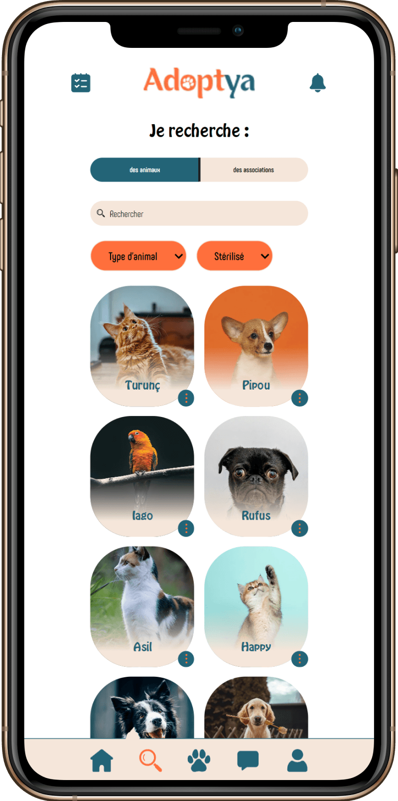 La page de recherche sur l'application Adoptya